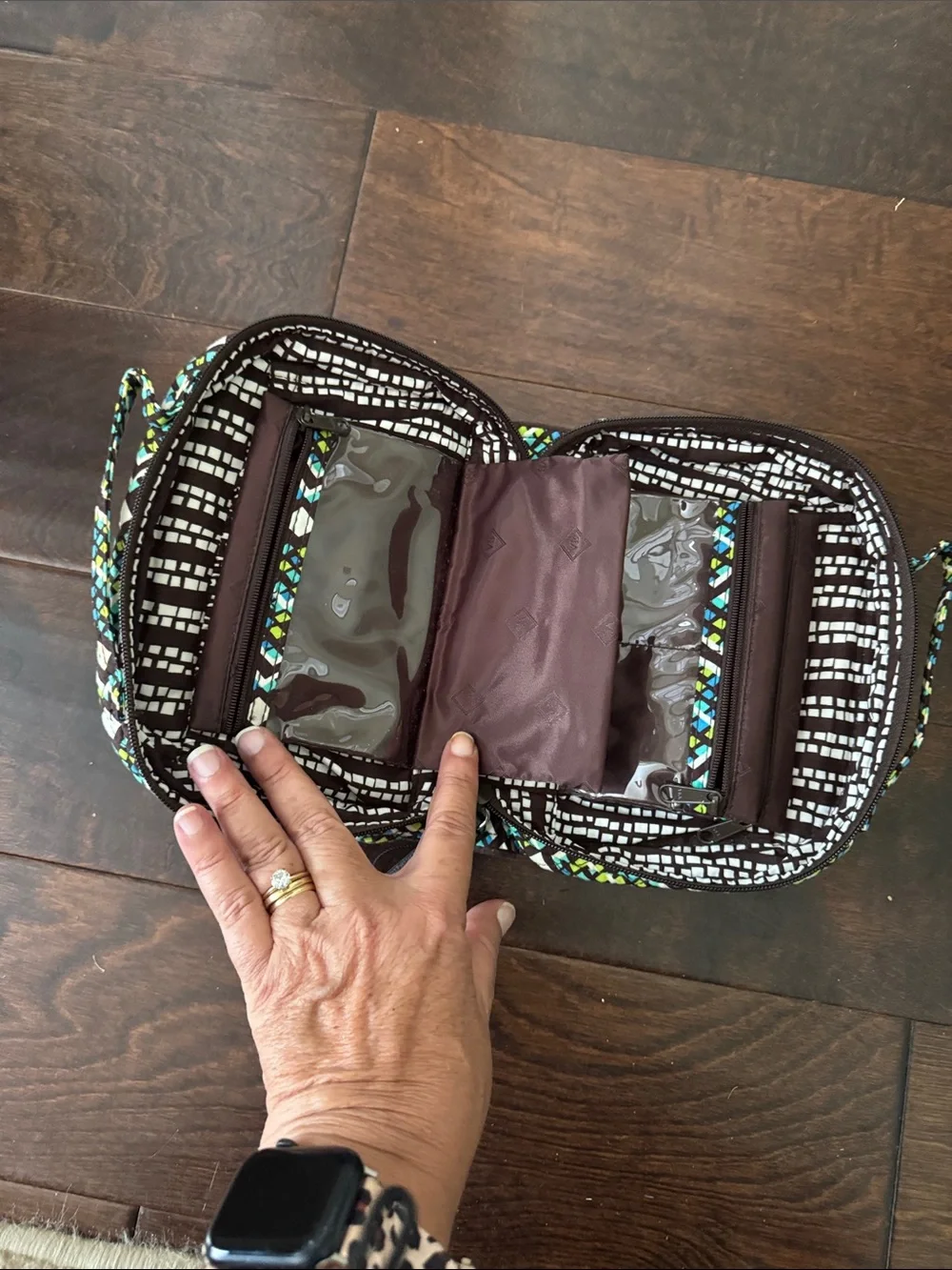 Vera Bradley Quilted Jewelry Travel Case in Blue, Green & White Geometric Print